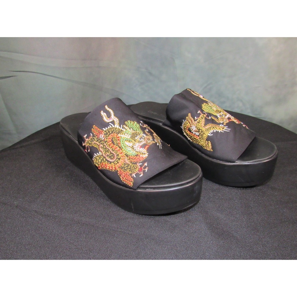 Y2K Vintage Bebe Black Platform Slide Sandals Embroidered Dragon Wedge Womens 5